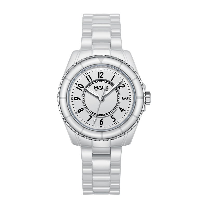 Silver watch with a white face on a white background