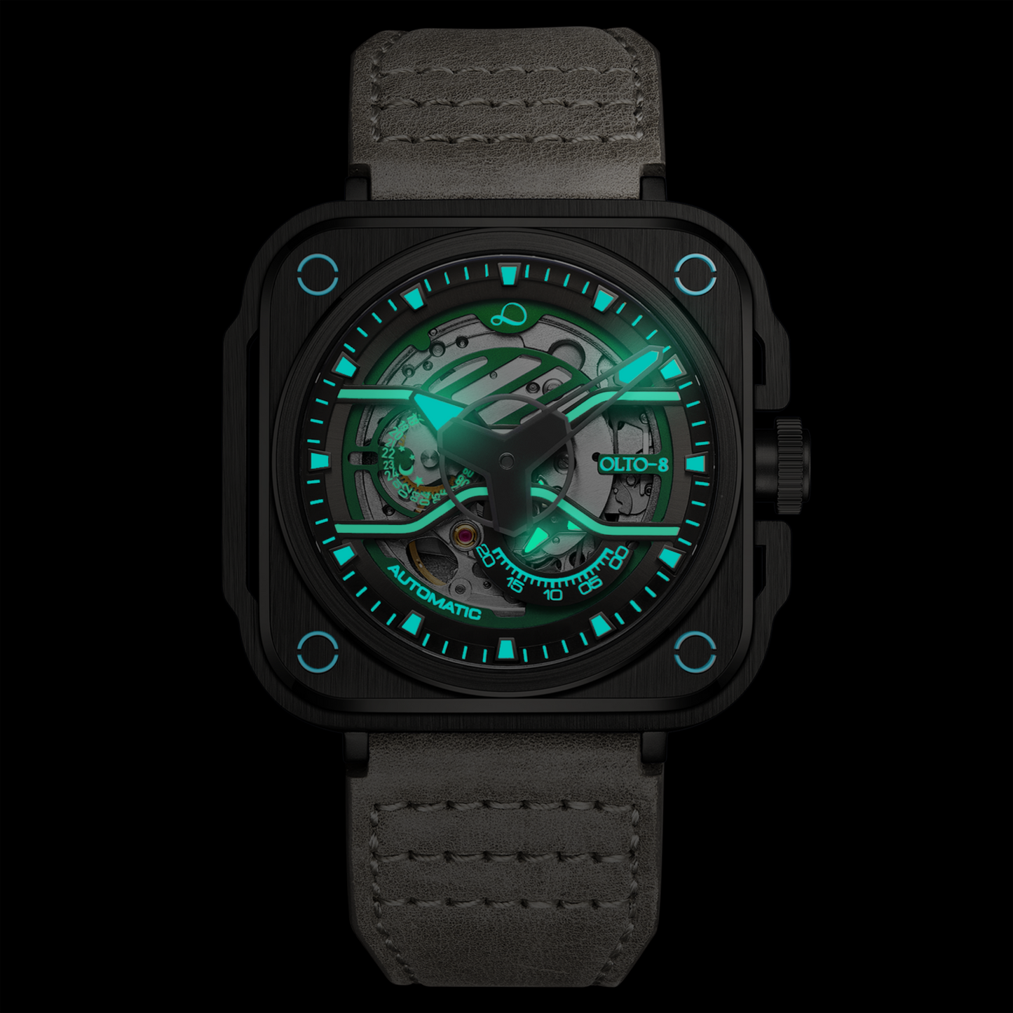 ساعة OLTO-8 IRON-EX مربعة هيكلية أوتوماتيكية خضراء