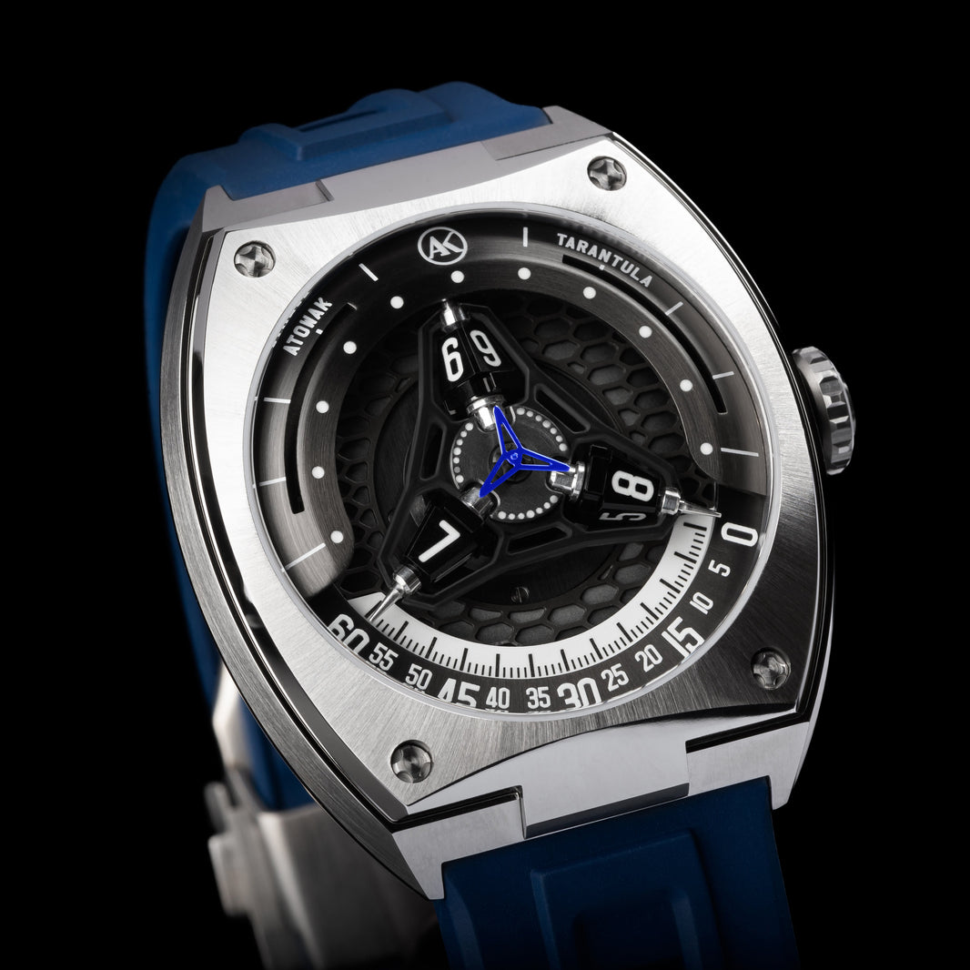 ATOWAK TARANTULA Sapphire Blue wandering-hour watch with satellite hour display and 240° minute arc
