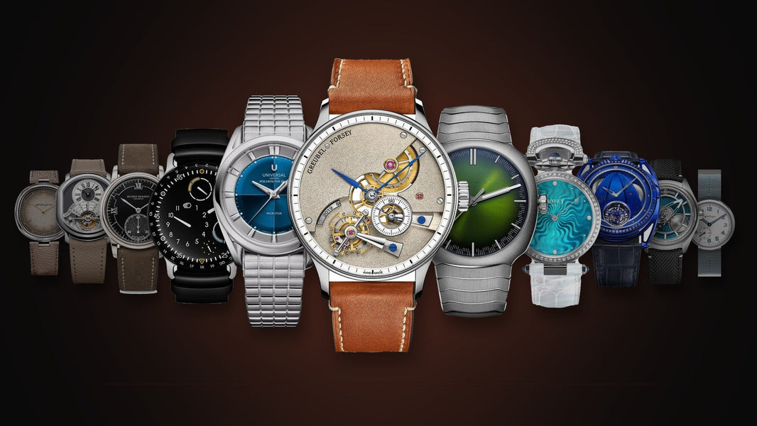 Eleven watches from Mavericks of Time 2026 arranged in a pyramid, with a Greubel Forsey watch at the centre