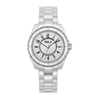 Silver watch with a white face on a white background