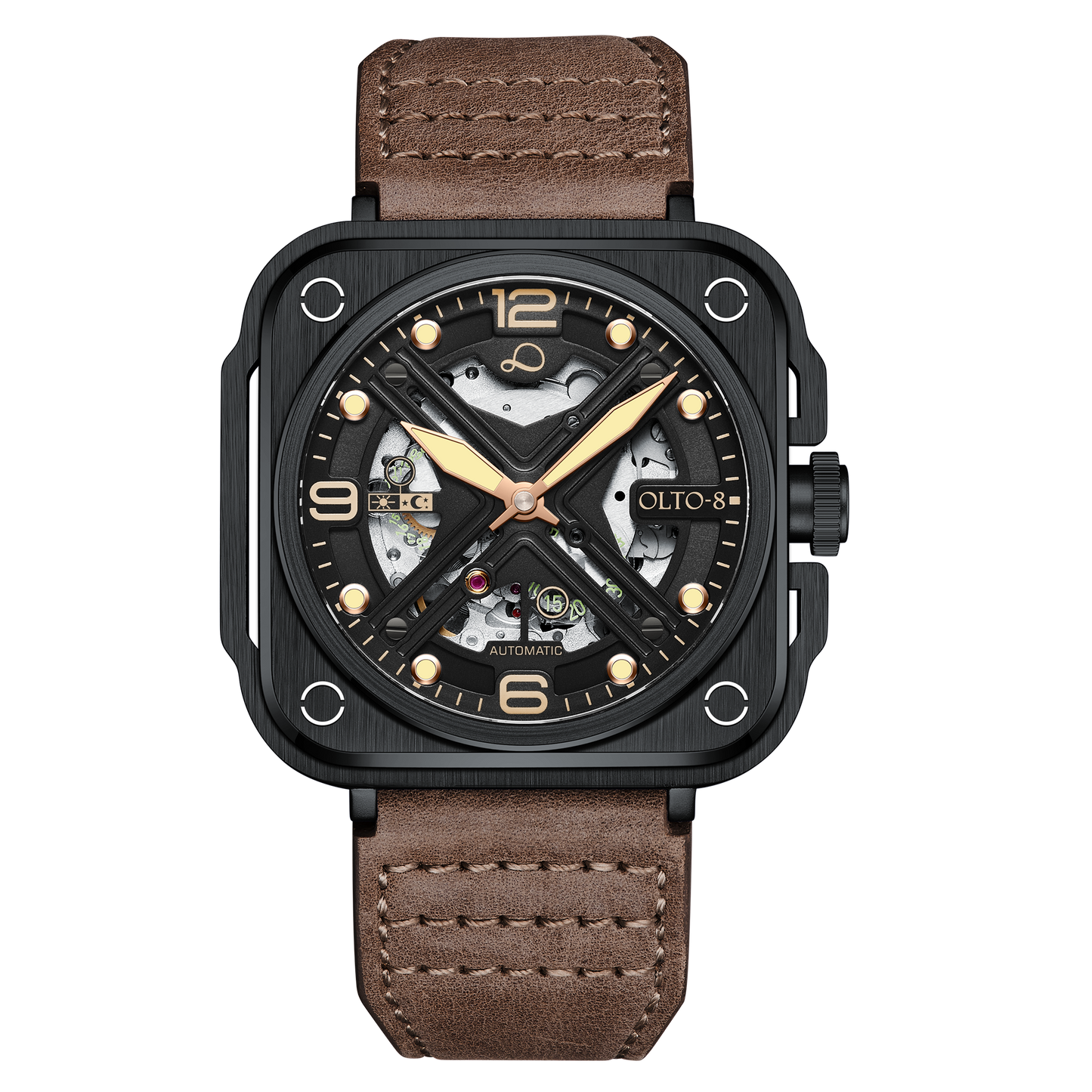 ساعة OLTO-8 IRON-X مربعة هيكلية أوتوماتيكية بنية اللون