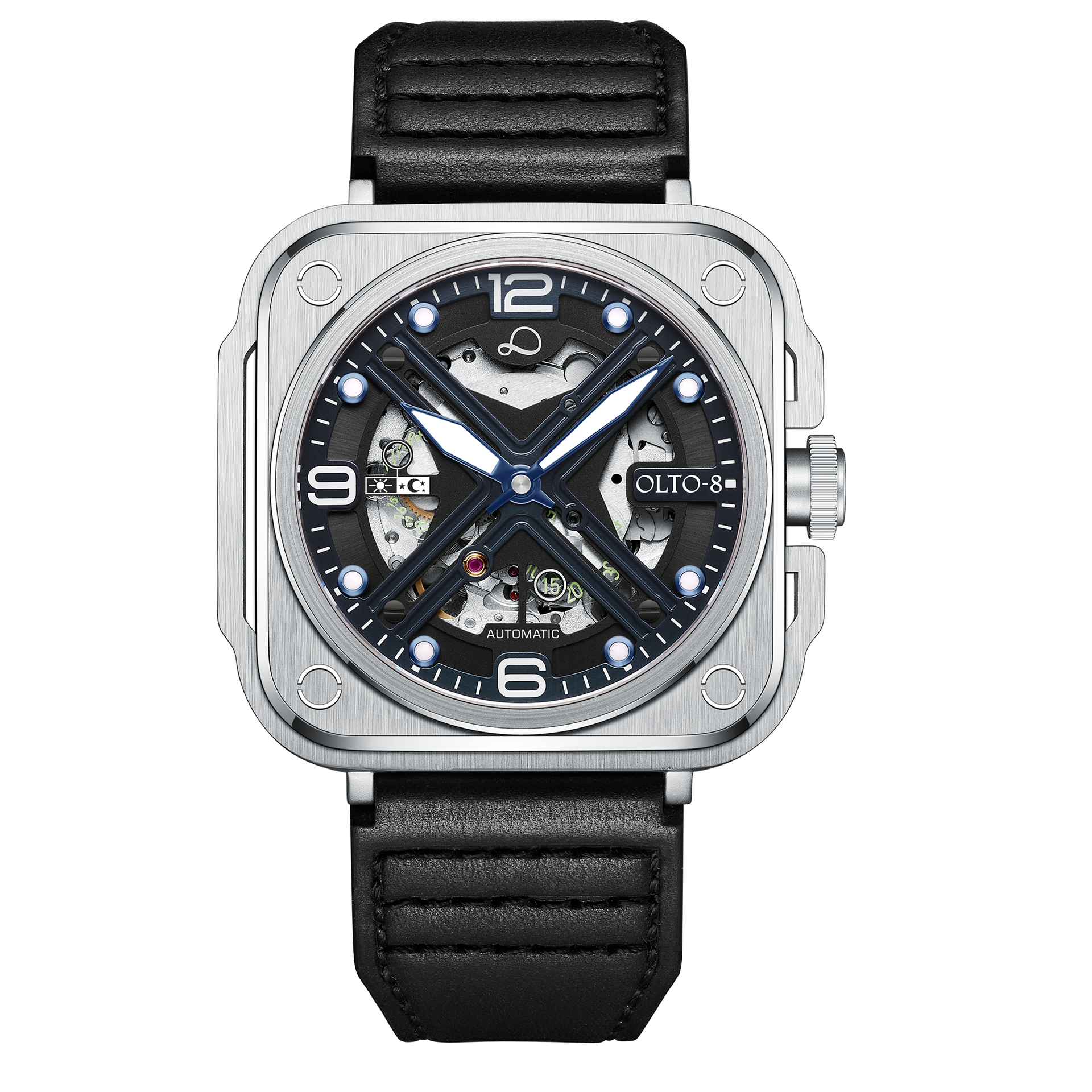 OLTO-8 IRON-X Square Skeleton Automatic Watch Silver