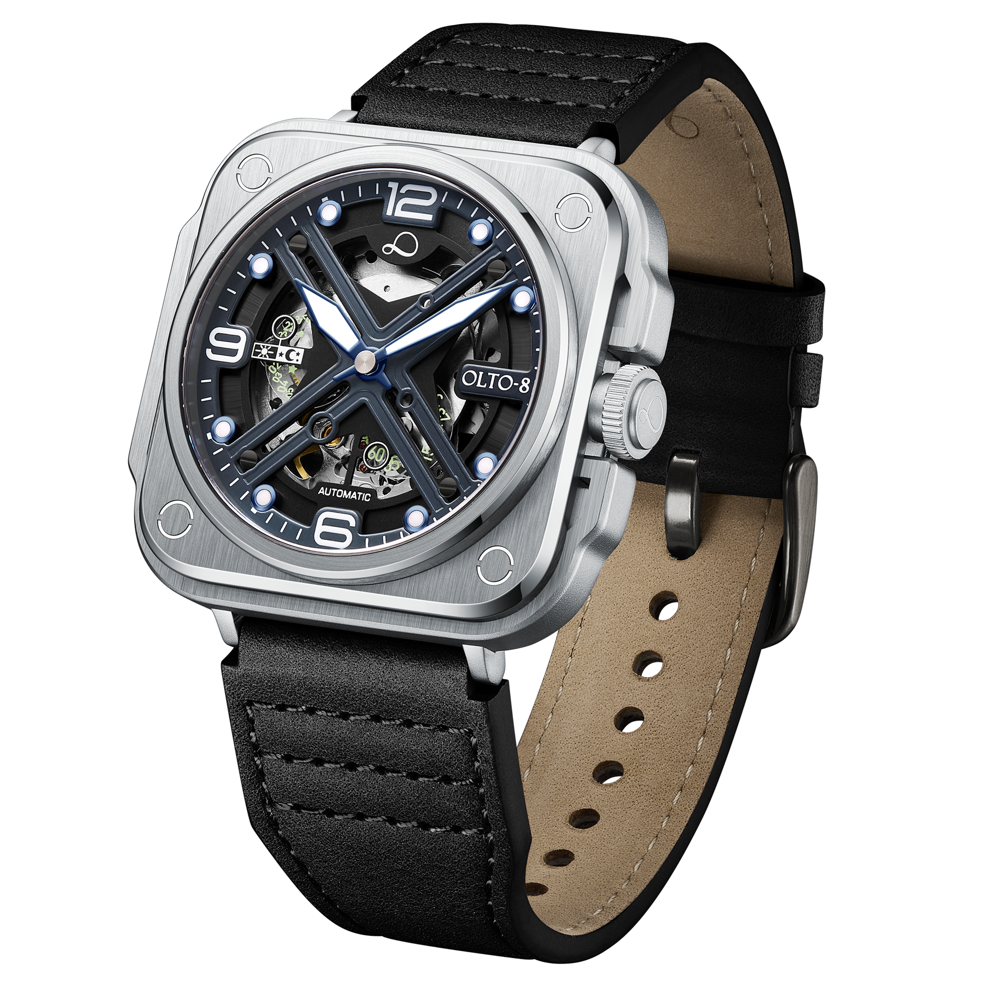 OLTO-8 IRON-X Square Skeleton Automatic Watch Silver