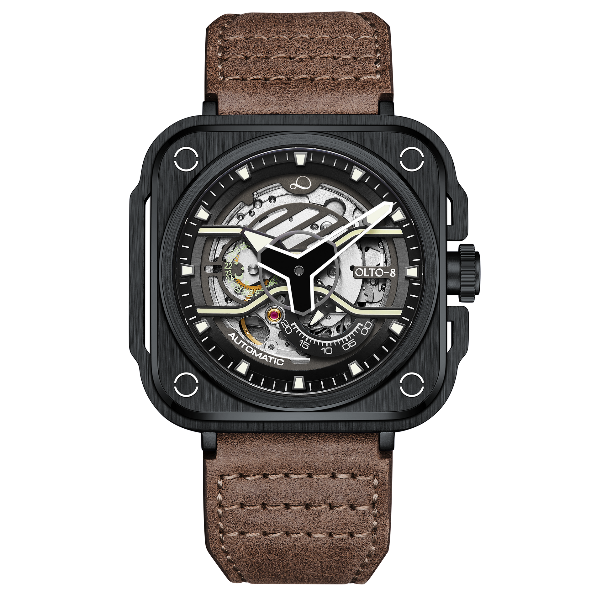 OLTO-8 IRON-EX Square Skeleton Automatic Watch Brown