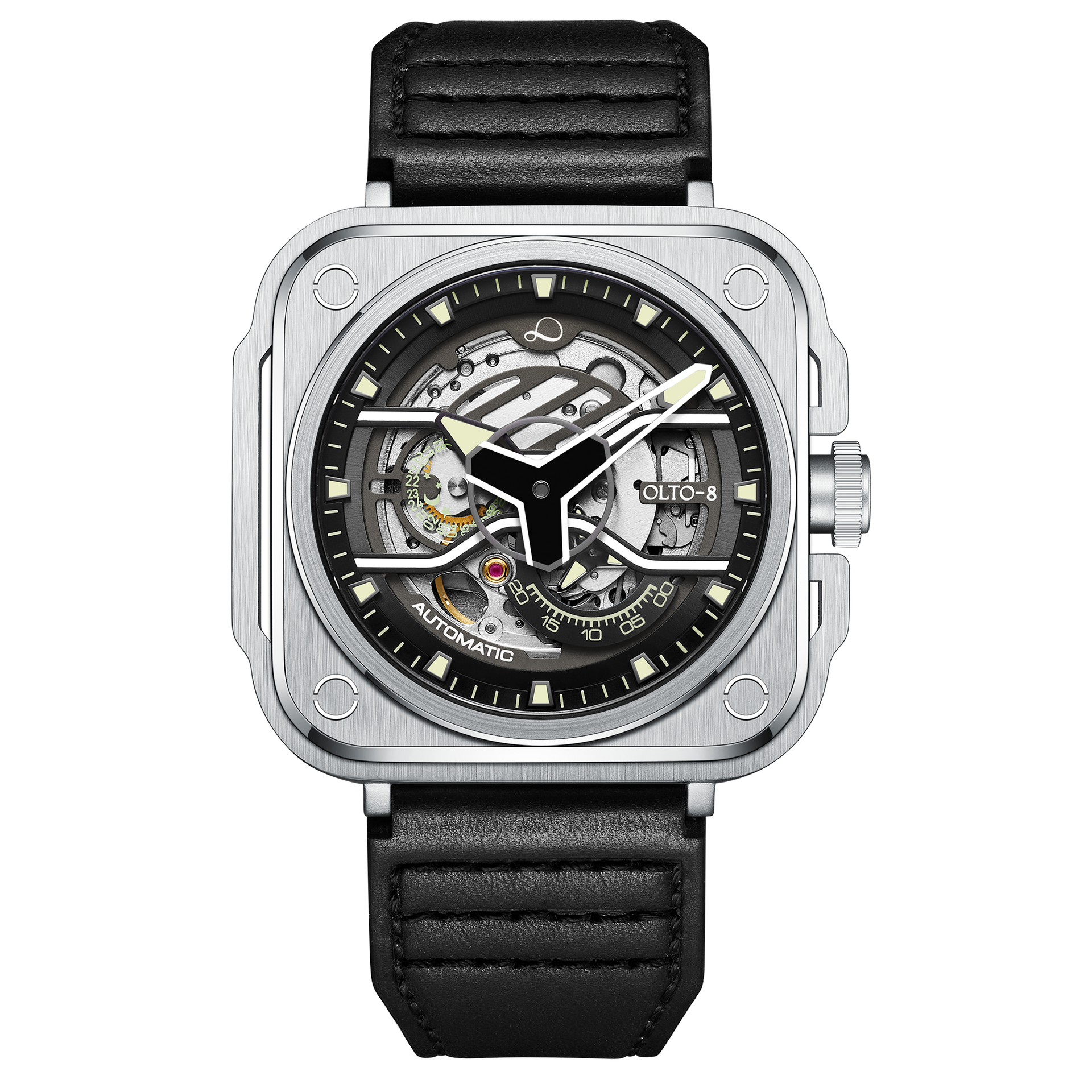 OLTO-8 IRON-EX Square Skeleton Automatic Watch Silver