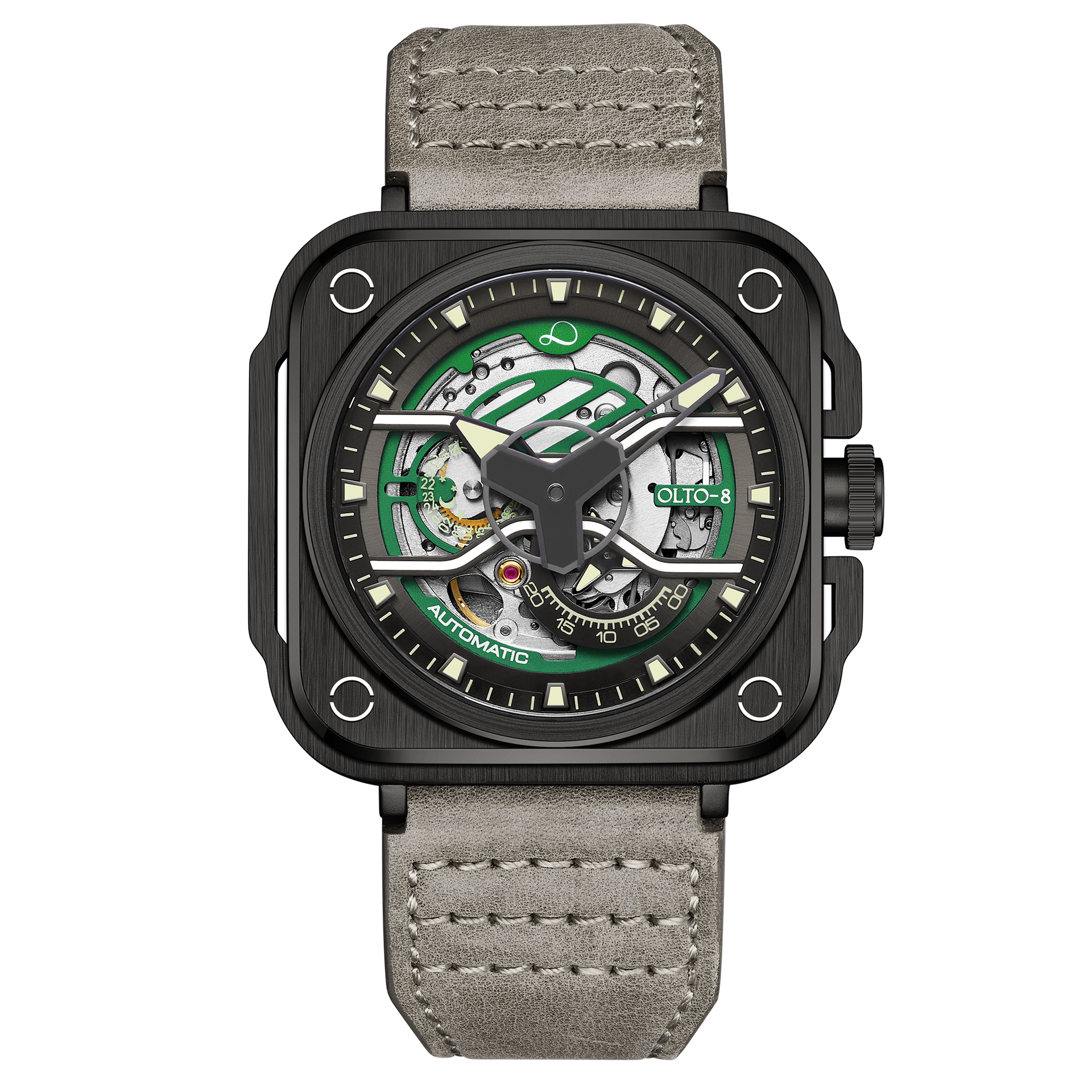 OLTO-8 IRON-EX Square Skeleton Automatic Watch Green