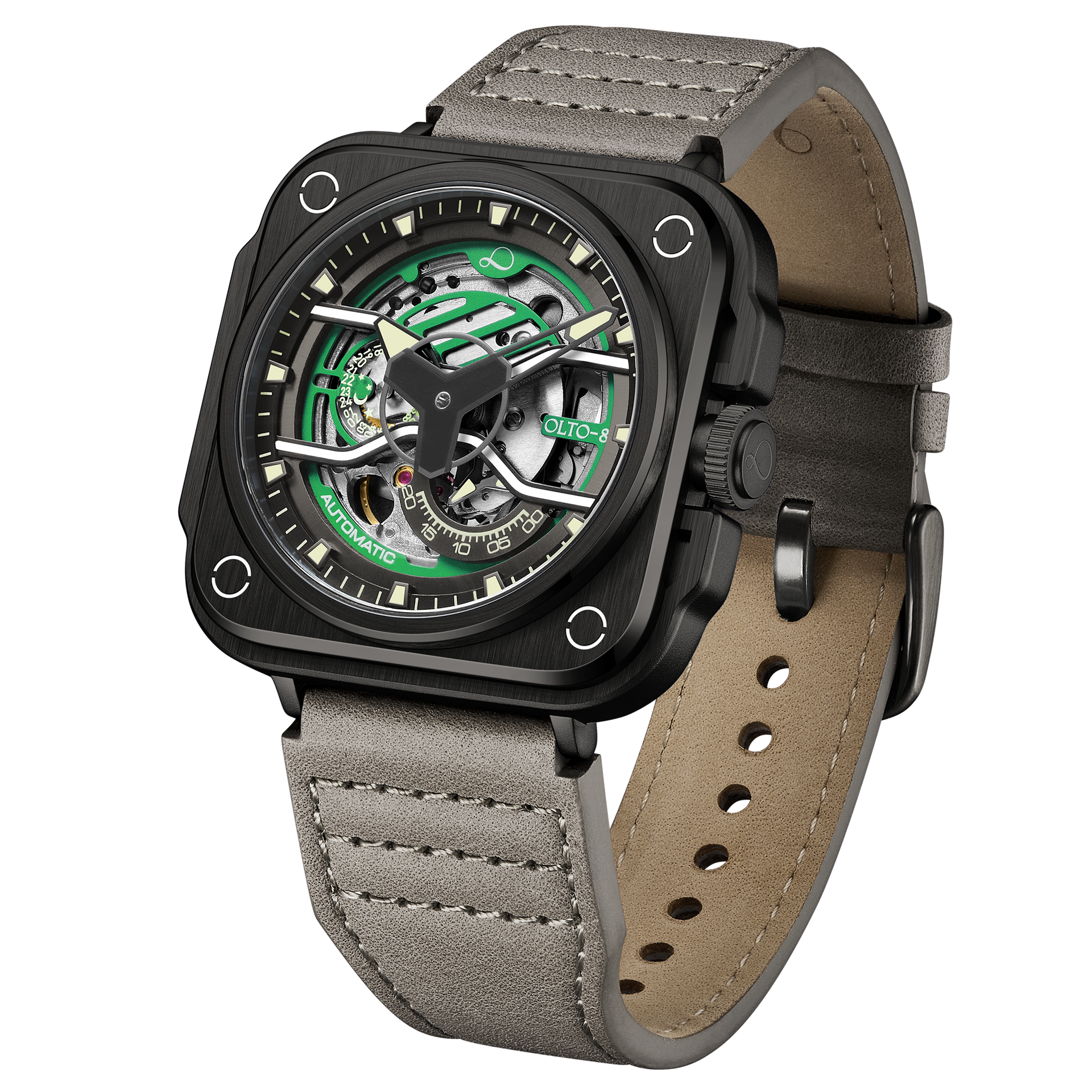 OLTO-8 IRON-EX Square Skeleton Automatic Watch Green