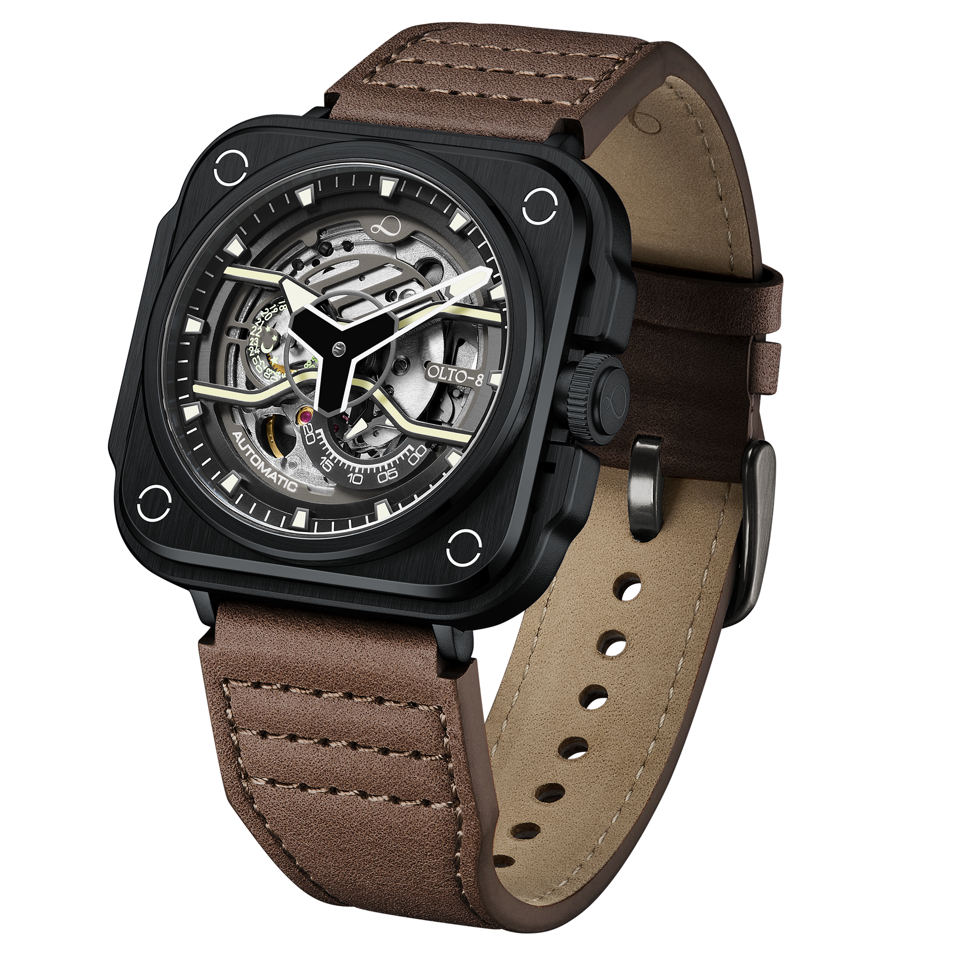 OLTO-8 IRON-EX Square Skeleton Automatic Watch Brown