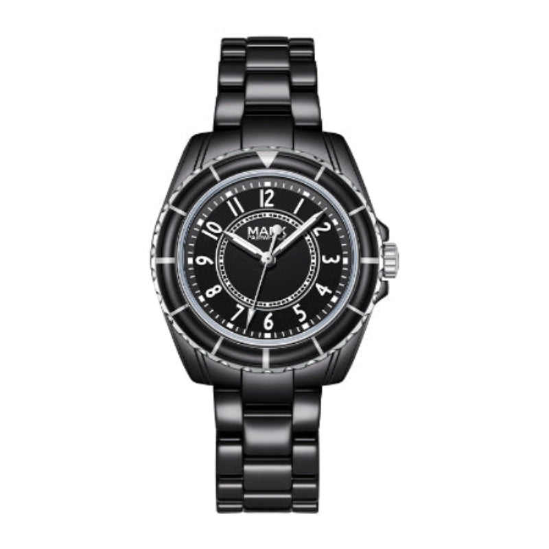 Black wristwatch with a detailed face on a white background