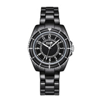 Black wristwatch with a detailed face on a white background